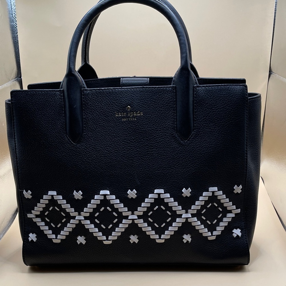 Kate Spade Valentina Black Tote with White Geometric Pattern Unique Kate Spade